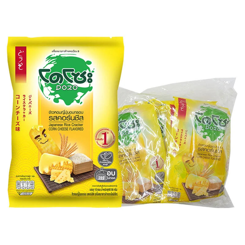 Package of DOZO Japanese rice crackers with corn and cheese flavor, 56g x 6 pack, featuring colorful cracker snacks in a clear bag