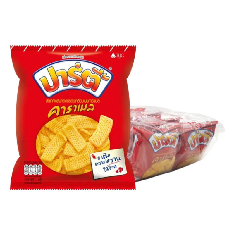 Party Caramel Extruded Snack 12g pack, showing crispy caramel snack pieces in clear packaging, perfect for snacking and sharing.