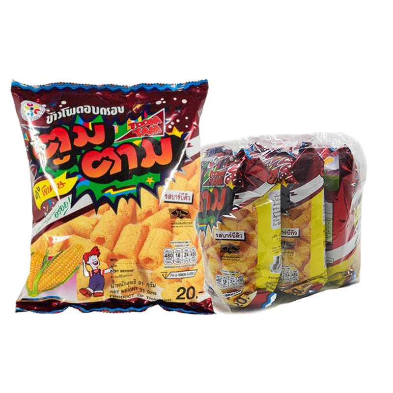 TOOMTAM Corn Extruded BBQ snack bag, showing crispy corn chips in a red and yellow packaging, ready to eat.