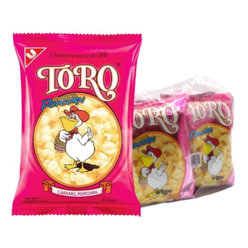 TORO Popcorn Extrude snack packs, four 80g bags, with colorful packaging and popcorn visible inside.