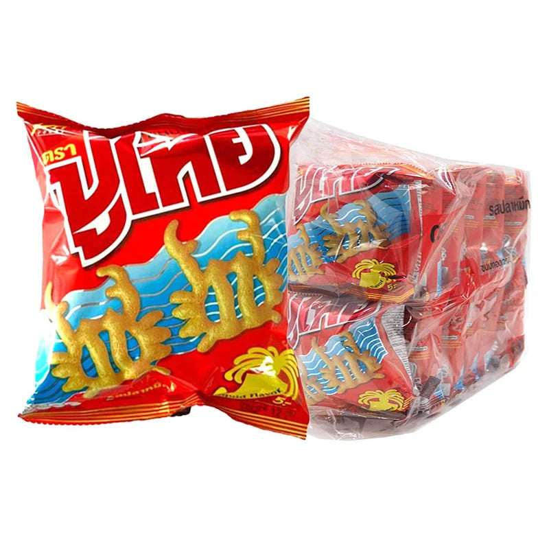 PU THAI Crispy Snack Squid 12g packet with golden, crunchy squid pieces visible inside the transparent packaging.