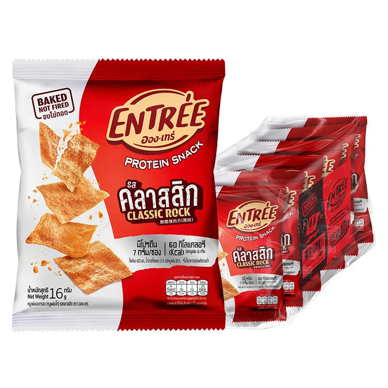 ENTREE Crispy Pork BBQ snack packs, 16g each, showing crispy fried pork pieces in a resealable bag.