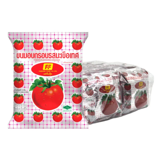 FF Tomato Flavored Snack 15g pack, crispy snack with tomato flavor, shown in a colorful image.