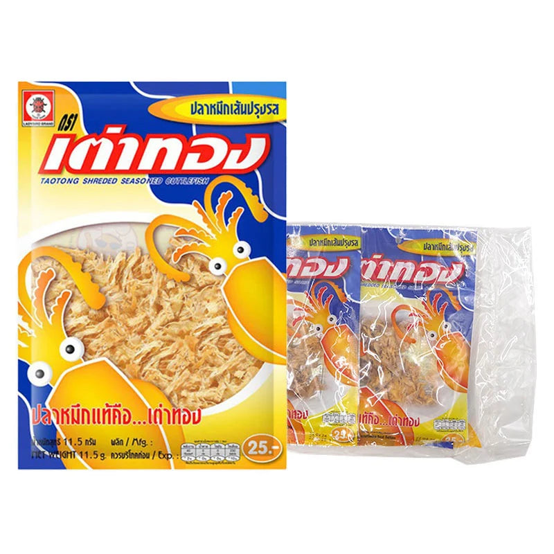 TAOTONG shredded seasoned cuttlefish snack in 11.5g packs, showing crispy, seasoned cuttlefish pieces in a clear packaging.