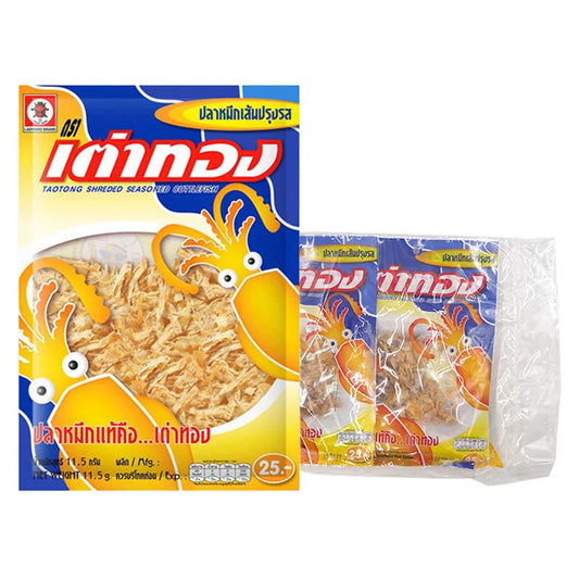 TAOTONG shredded seasoned cuttlefish snack in 11.5g packs, showing crispy, seasoned cuttlefish pieces in a clear packaging.