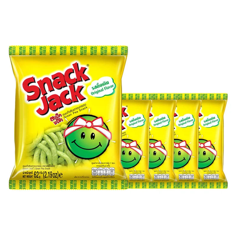 SNACK JACK Green Pea Snack Originals 62g packet, featuring crispy green pea chips in a colorful snack package.
