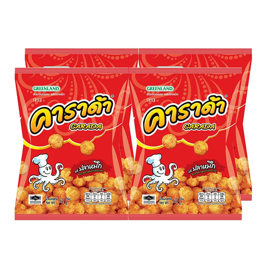 Carada Crispy Snack Squid Flavor 52g package, showing the colorful packaging and product details for this snack.