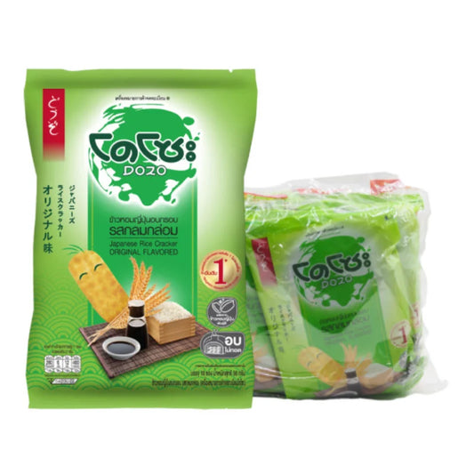 Japanese rice cracker pack by DOZO, 56g x 6, featuring crispy, savory rice crackers in original flavor.