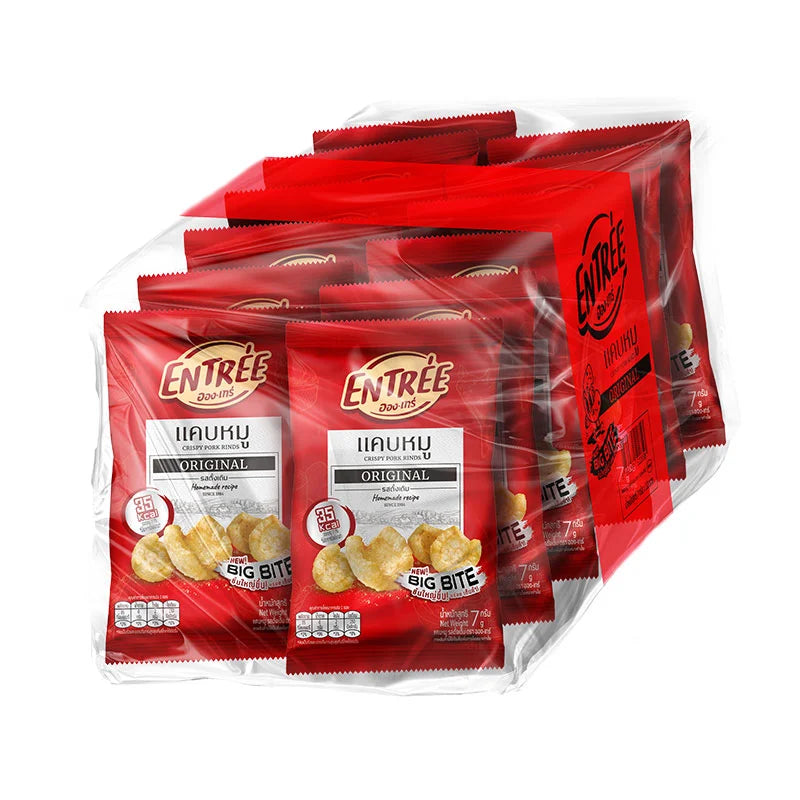 Crispy pork rinds by ENTREE, original flavor, 7g snack, showing golden, crunchy pork rind pieces in a close-up image.