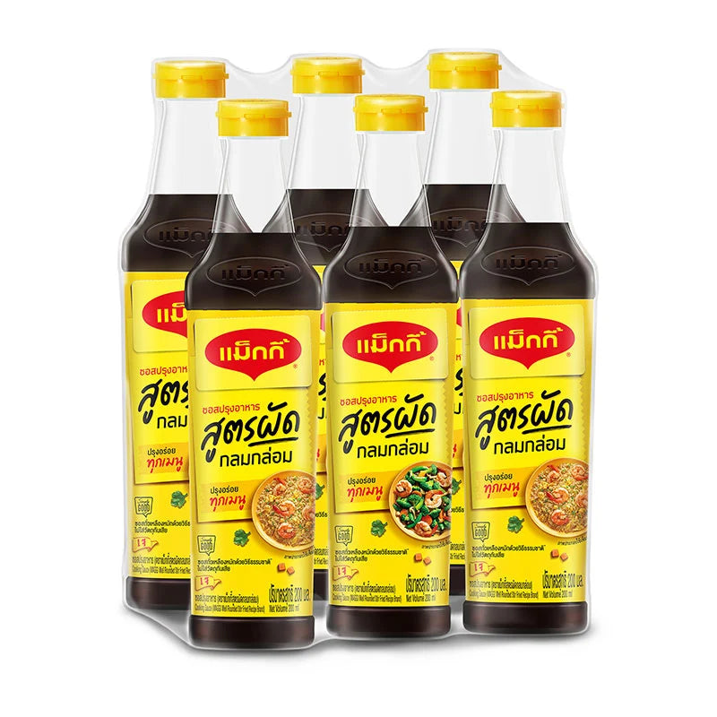 Maggi Seasoning Sauce bottles, 200 ml each, arranged in a pack of six, with labels showing the Maggi brand logo.