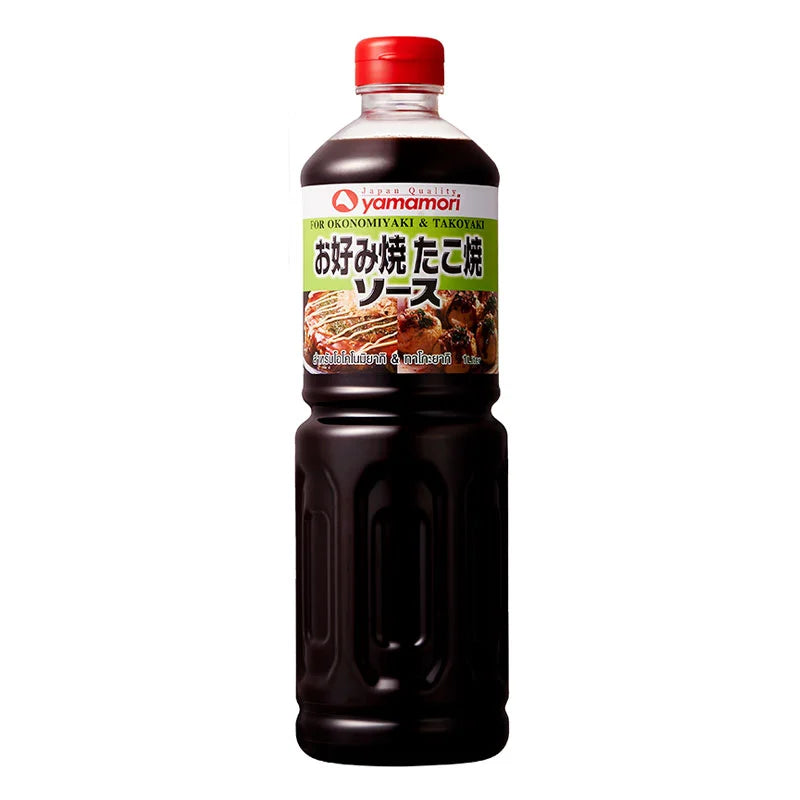 YAMAMORI Okonomiyaki sauce bottle, 1 liter, with a dark brown sauce visible inside and label featuring Japanese cuisine branding.