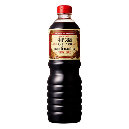 YAMAMORI Shoyu Special Tokusen Soy Sauce 1L bottle with dark liquid and label, traditional Japanese soy sauce for culinary use