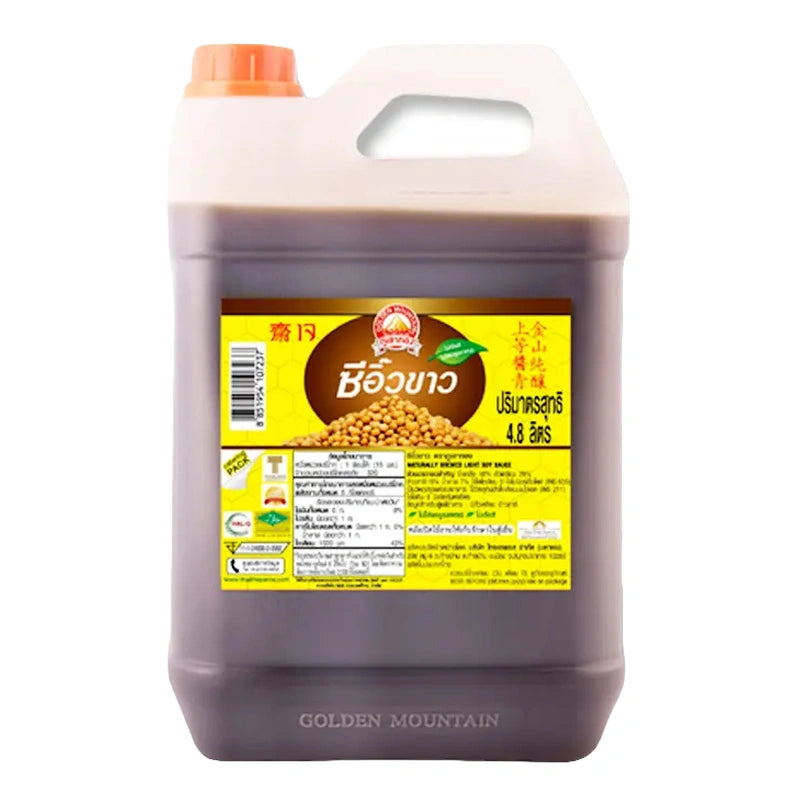 Golden Mountain soy sauce 4.8L bottle with label and cap, showcasing the golden-colored liquid inside.