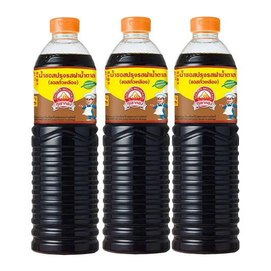 Golden Mountain Brown Sauce bottle, 1 liter, with a label featuring the Golden Mountain brand logo and product details.