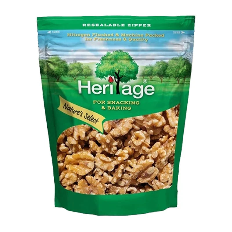 HERITAGE Walnut 454g, whole walnuts in a clear bag, showing textured shells and natural brown color, ready for snacking or baking.