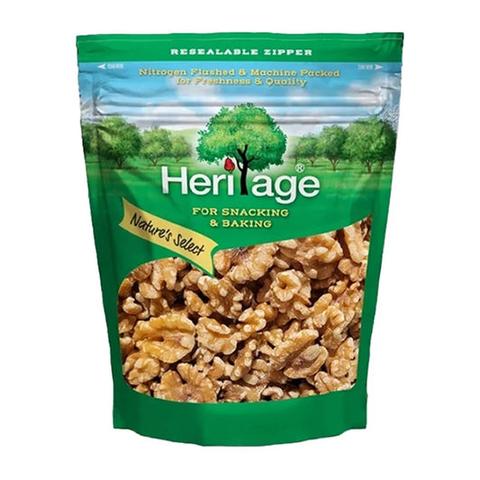 HERITAGE Walnut 454g, whole walnuts in a clear bag, showing textured shells and natural brown color, ready for snacking or baking.