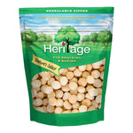Heritage Macadamias Nut No.2 in a 500g package, dry grocery product, showing raw, whole macadamia nuts.