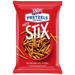 Snips Pretzels Original Stix, crunchy confectionery snacks with salted pretzel sticks in a clear bag.