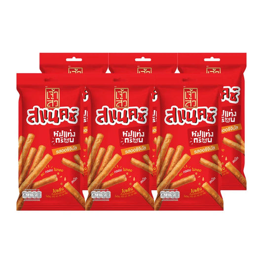 Chao Sua Original Pork Stick Snack 18g x 6 pack with six individually wrapped pork snack sticks on a white background.