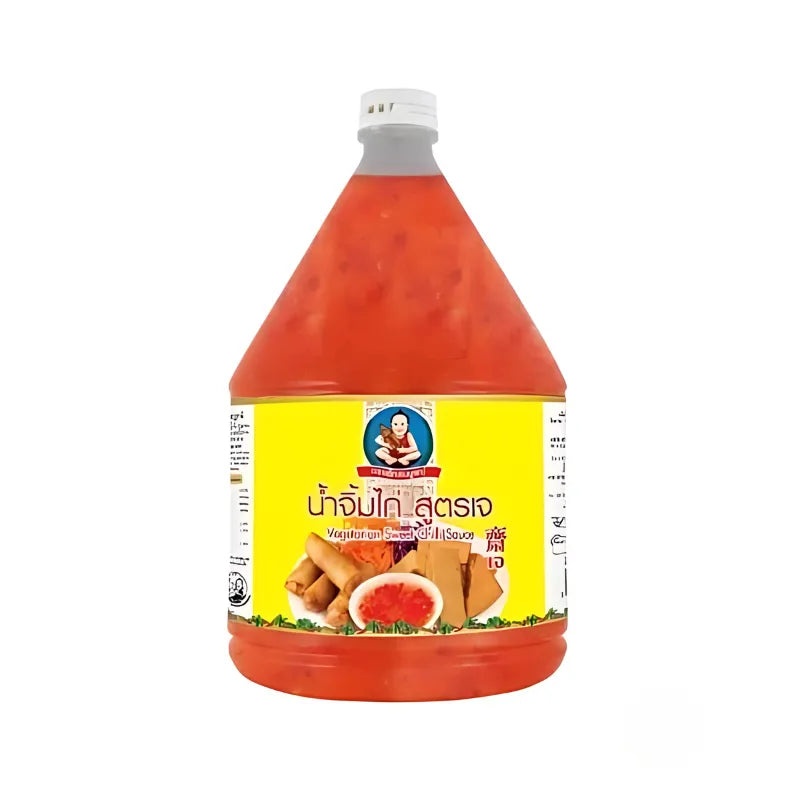 DEKSOMBOON Vegetarian Sweet Chilli Sauce 2300g jar, smooth red chili sauce with sweet and spicy flavor for dipping or cooking.