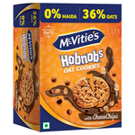 McVities Hobnobs oat cookies with chocolate chips, a pack of crunchy confectionery snacks with visible oats and chocolate chunks.