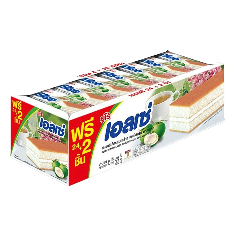 ELLSE Layer Cake Coconut snack pack, 15g x 24, showing the colorful packaging with coconut flavor branding.