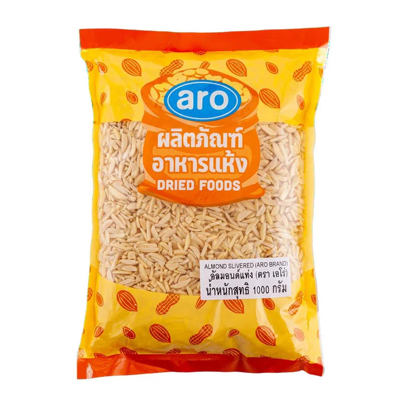 A bag of ARO Slivered Almonds, 1 kg package, showing the almonds in thin, slivered form on the product label.