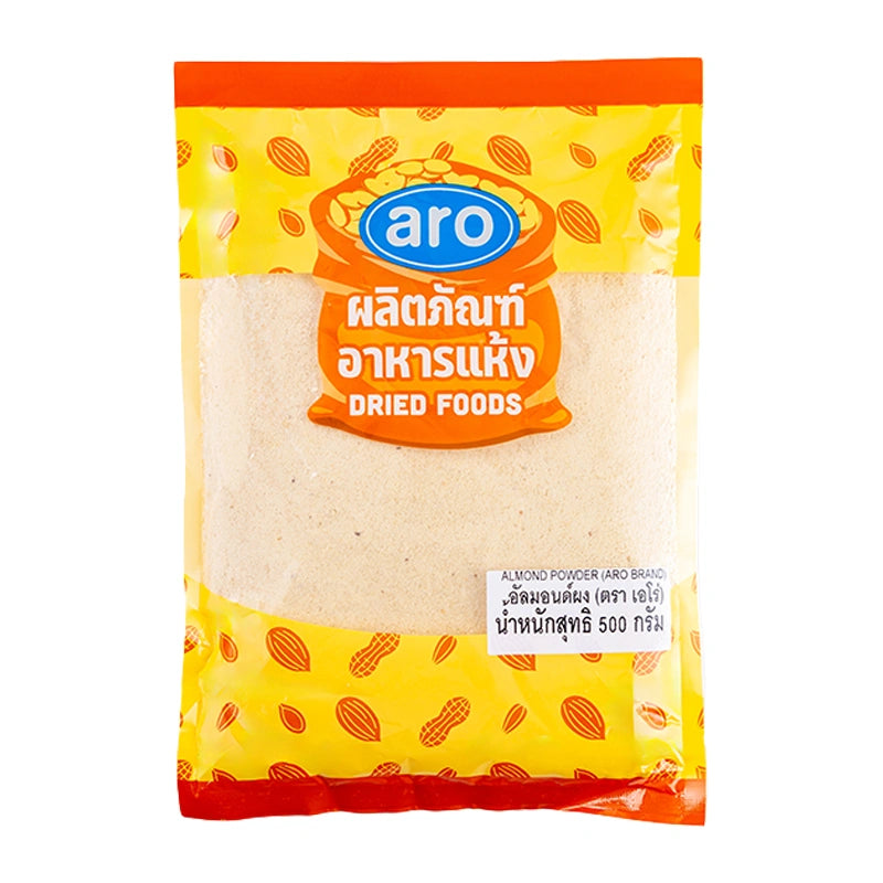 ARO Almond Powder 500g in a clear plastic bag, showing finely ground almond powder ready for baking or smoothies.