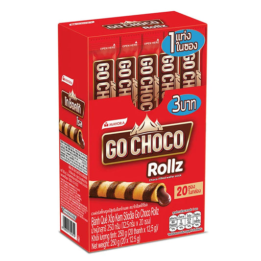 GO CHOCO Rollz 12.5/14g chocolate snack pack featuring 20 individually wrapped rolls with rich chocolate flavor.