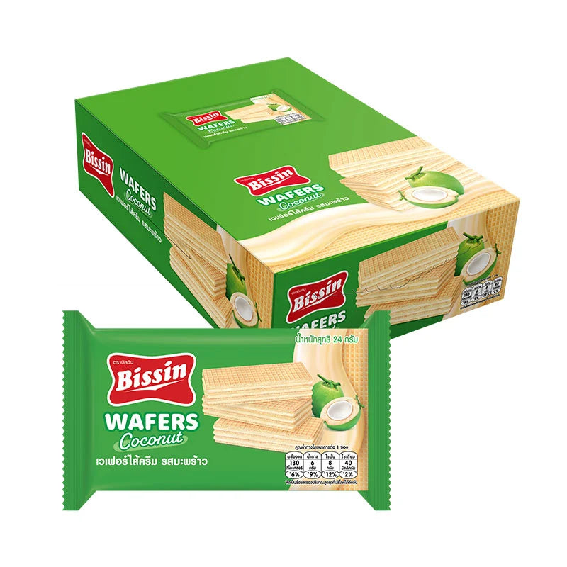 BISSIN Coconut Flavor Wafer, 24g, pack of 12, showing crispy wafers with coconut cream filling in a clear package.