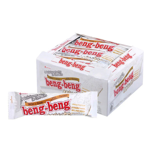Beng Beng White Wafer 22g, packaged snack with crispy wafer layers and white coating, displayed in a box.