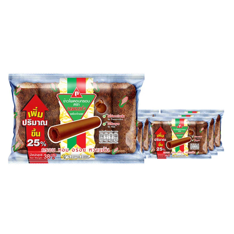 NOMTANG Corn Chocolate snack package with six 38g bars, featuring colorful corn and chocolate imagery on the wrapper.