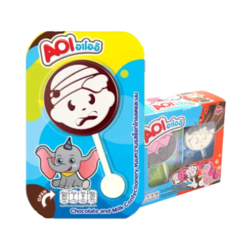 AOI chocolate with strawberry and milk confectionery, 12g each, 12 pieces, featuring chocolate, strawberry, and milk flavors.