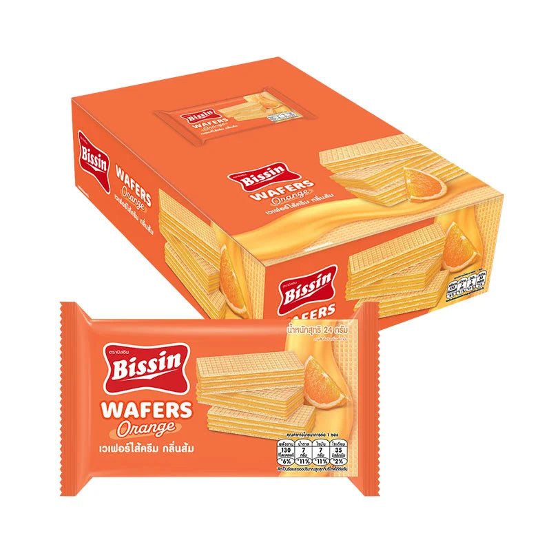 BISSIN Orange Flavor Wafer 24g package, showing stacked crispy wafers with orange flavor filling inside.