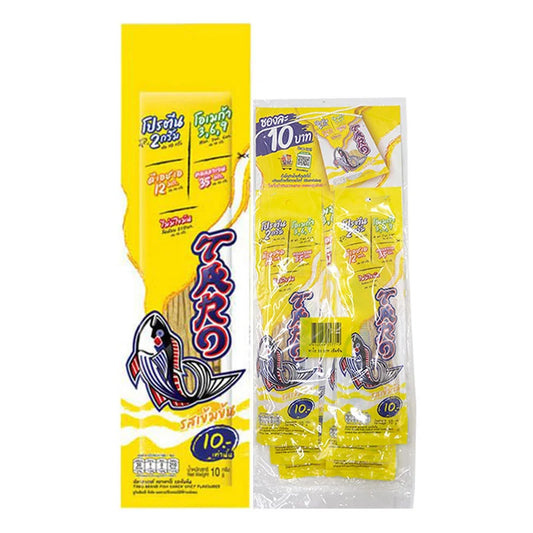 TARO Spicy Fish Snack 10g pack, crispy dried fish with spicy flavor, featuring colorful packaging with fish illustrations.