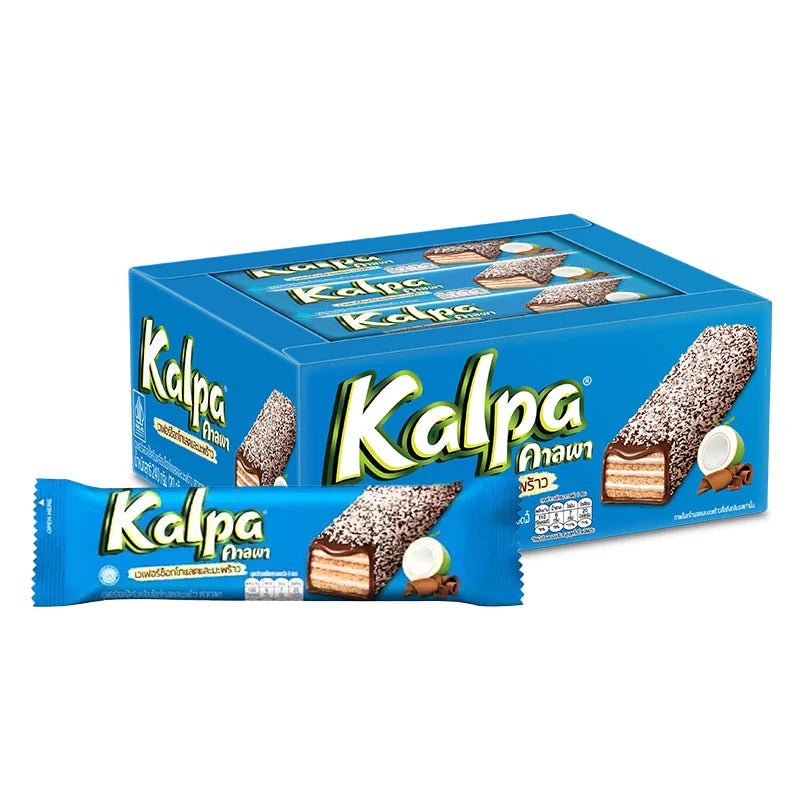 KALPA Chocolate Coconut Wafer Snack 20g, showing a crispy wafer covered in chocolate and coconut flakes.