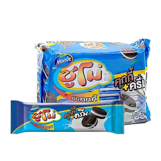 Sumo Mini Cookies & Cream Cookies in 28g packs, showing a close-up of cookies with cream filling in a colorful package.