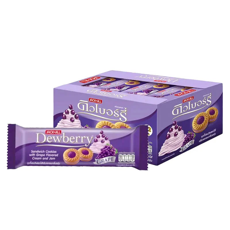 Dewberry Cookies 27g, 12-pack, featuring individually wrapped crispy cookies with chocolate chips and sweet flavor.