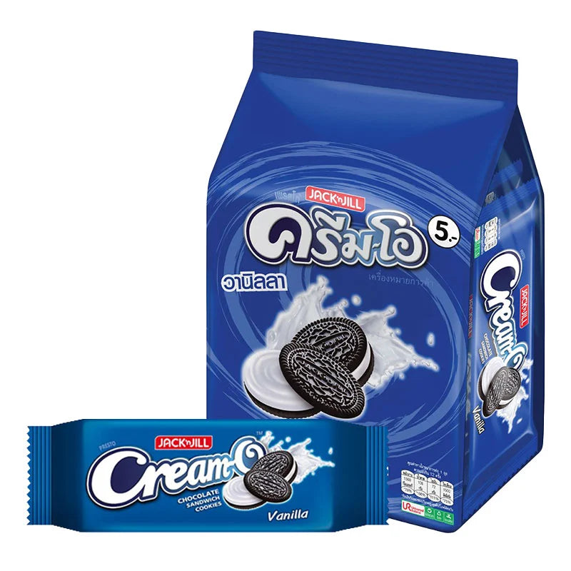 Cream-O vanilla cookies 27g pack with 12 pieces, featuring golden-brown cookies with vanilla flavor and crunchy texture.