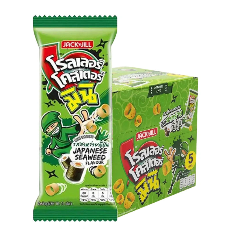 Mini Ring Extrude Seaweed by ROLLER COASTER, 14g, 12-piece pack featuring colorful, seaweed-shaped snack rings on a white background.