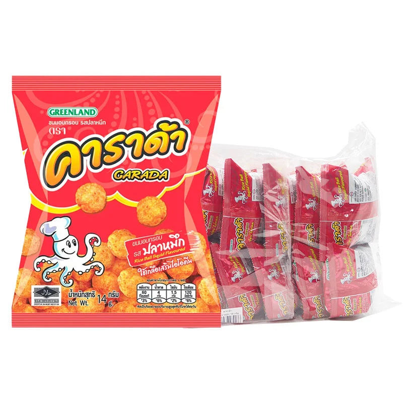 CARADA Crispy Snack Squid Flavor 14g pack, showing colorful packaging and a crispy squid snack inside.