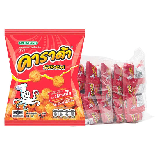 CARADA Crispy Snack Squid Flavor 14g pack, showing colorful packaging and a crispy squid snack inside.