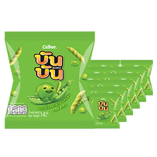 BUN BUN Sugar Pea Original Flavor snack pack with 12 individual 14g packets, showing colorful packaging and product branding.