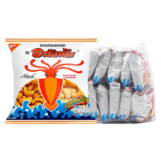 ARIGATO Original Cuttlefish Crackers in a pack of 12, showing crispy, seasoned cuttlefish snack with Japanese branding.