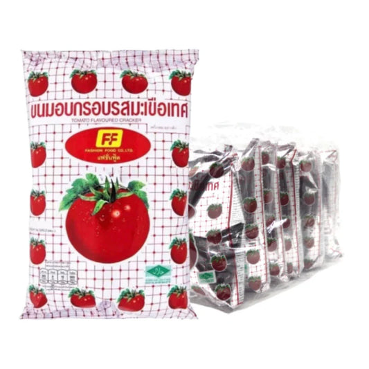 FF Tomato Flat Snack 28g pack, crispy tomato-flavored snack with six packs shown, ideal for on-the-go snacking