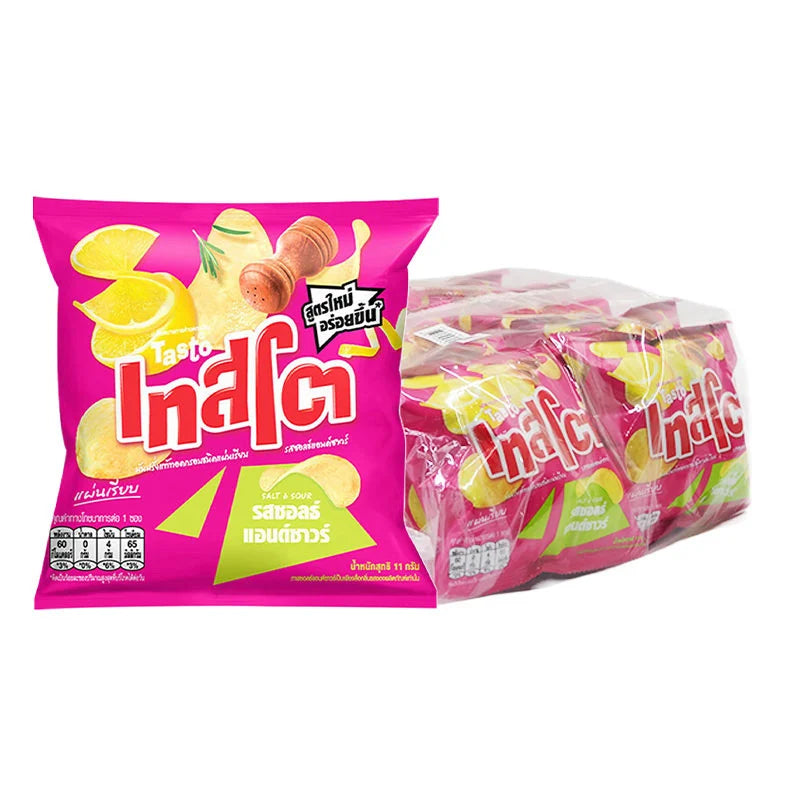TASTO Chips Salt & Sour 11g snack pack, colorful salted and sour flavored chips in a 12-pack, crispy snack for on the go