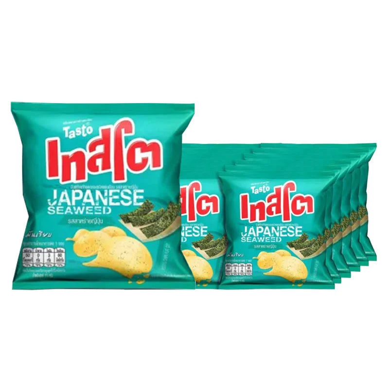 TASTO Japanese seaweed potato chips in 11g packs, crispy snack with seaweed flavor, arranged in a pile.