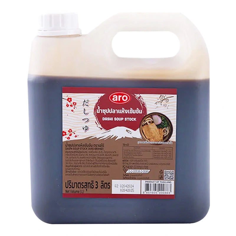 ARO Dashi Soup Stock 3L bottle with label, clear liquid inside, ready for Japanese cooking and broth preparation