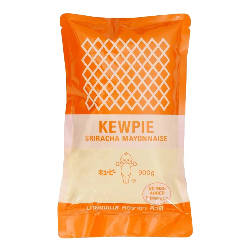 Kewpie Sriracha Mayonnaise 900g jar with red and white label, creamy texture, and spicy Sriracha flavor branding visible.