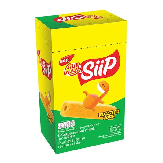 AHH Siip Roast Corn Snack 14g, crispy roasted corn chips in a colorful package, ideal for snacking.